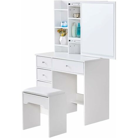 Coiffeuse Blanche avec Miroir et Tabouret et 5 tiroirs, Bureau de Maquillage pour Adulte,Rangement derrière Le Miroir Coulissant,Blanc
