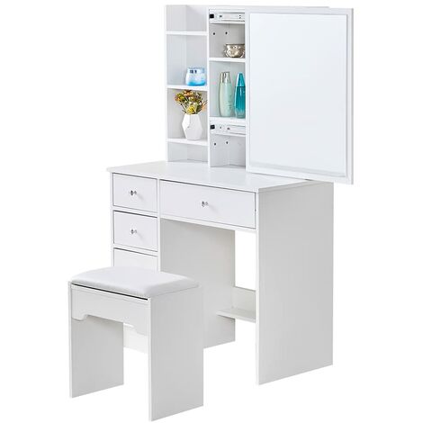 Coiffeuse Blanche avec Miroir et Tabouret et 5 tiroirs, Bureau de Maquillage pour Adulte,Rangement derrière Le Miroir Coulissant,Blanc