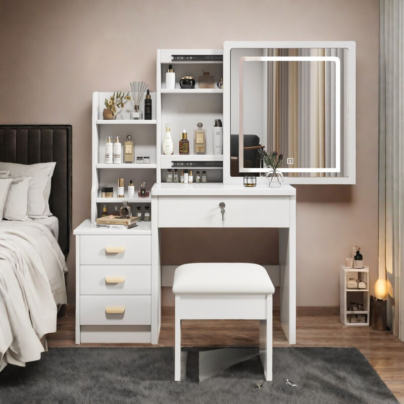 Hauss Spole – Coiffeuse blanche avec miroir LED 3 couleurs réglables – Rangement caché, étagères ouvertes, 4 tiroirs en MDF – Design moderne 85L x