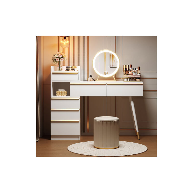 Coiffeuse blanche avec miroir LED réglable, plateau extensible, 6 tiroirs, poignées dorées, sans tabouret – 102x100x41,5 cm