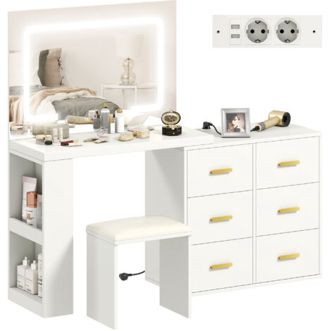Coiffeuse blanche avec miroir lumineux LED, table de vanité 6 tiroirs et tabouret inclus, dimensions 118x78x135 cm