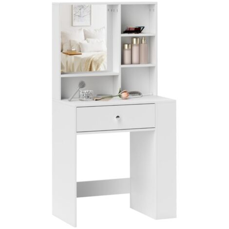 Coiffeuse blanche avec miroir, tiroir et étagère latérale 3 niveaux, panneaux de particules, design fonctionnel pour dressing et chambre