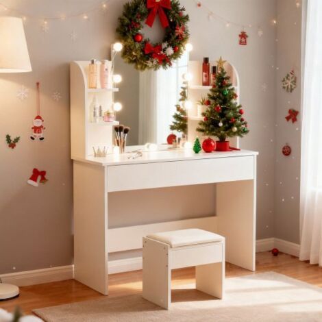 Coiffeuse blanche avec tabouret, miroir et éclairage LED
