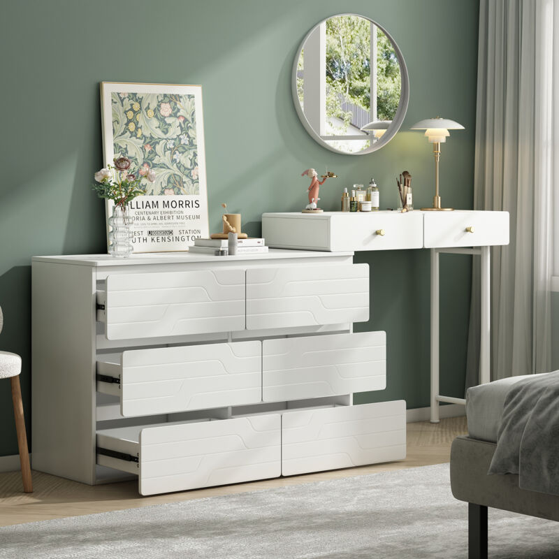 Coiffeuse Blanche en bois Multifonction,Commode Pratique,6 Grand Tiroir + 2 Petit,Conception de texture gravée,180 x 40 x 85cm