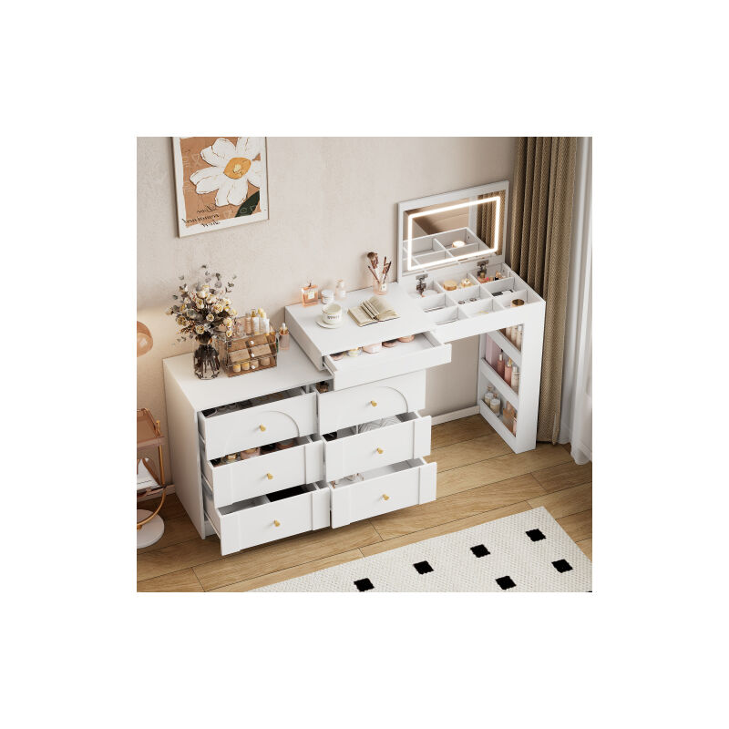 Okwish - Coiffeuse blanche rotative 105x40x80 cm, table de toilette avec éclairage led et grand espace de rangement
