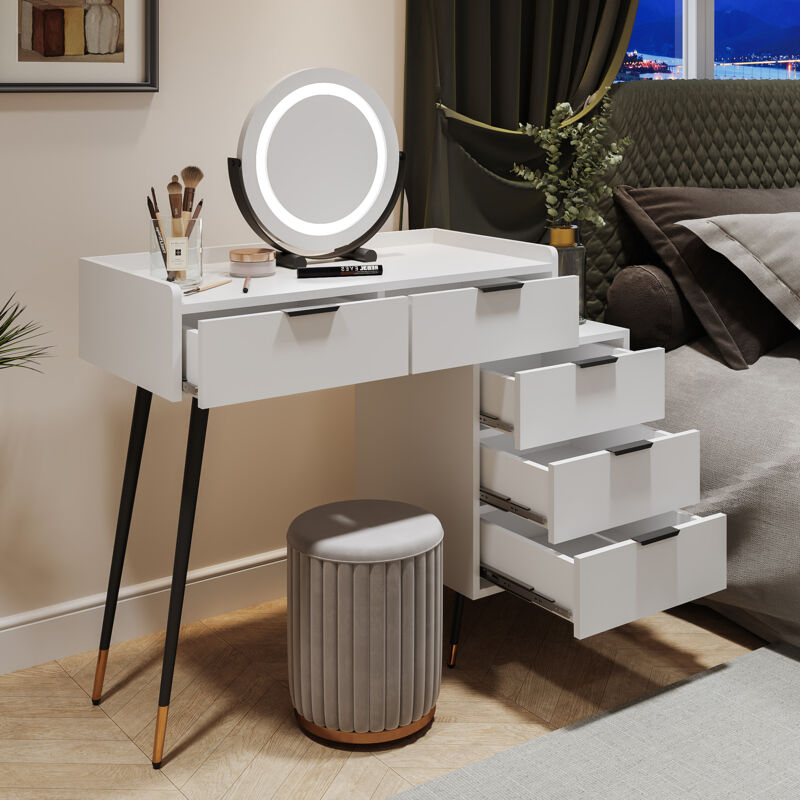 Gutent - Coiffeuse blanche (sans chaise), y compris buffet, miroir à luminosité réglable, 5 tiroirs