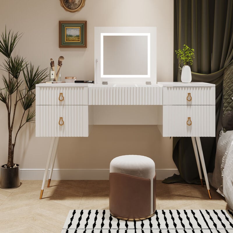 Redom - Coiffeuse blanche (sans chaises), comprend miroir led à luminosité réglable, accessoires de luxe plaqués or et multiples espaces de