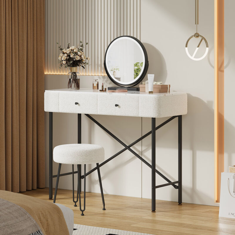 Coiffeuse Chambre Moderne 100x40x120cm Table de maquillage avec LED Miroir Tabouret 2 Tiroirs Garnis de Laine Placage Marbre Blanc