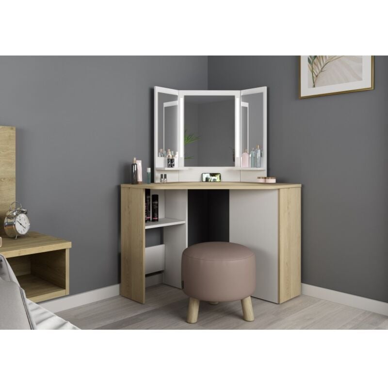 Vente-unique - Coiffeuse 117x142 cm blanc et anthracite avec miroir