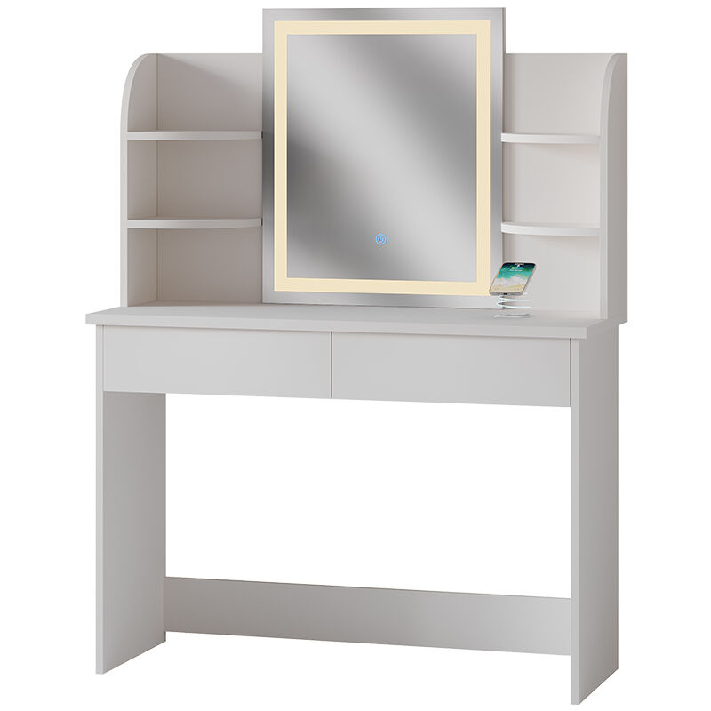 Coiffeuse Charlotte, Blanc, 106 cm avec miroir led et station de recharge qi Vicco