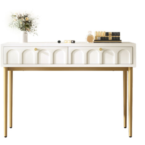 Coiffeuse Commode 100x45x76,5 Cm Crème-blanc – 2 Tiroirs Incurvés, Pieds Métal, Style Classique