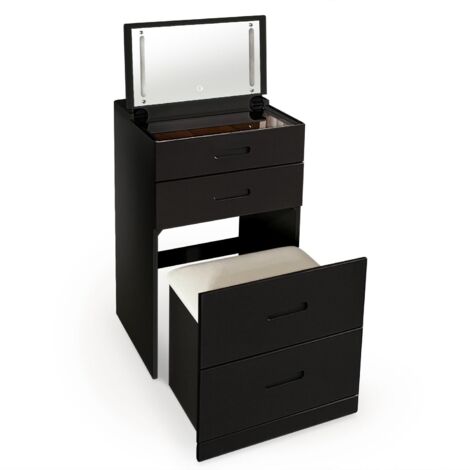 Coiffeuse compacte 48cm avec miroir LED – Tiroir compartimenté – Pouf intégré – Design minimaliste pour petits espaces