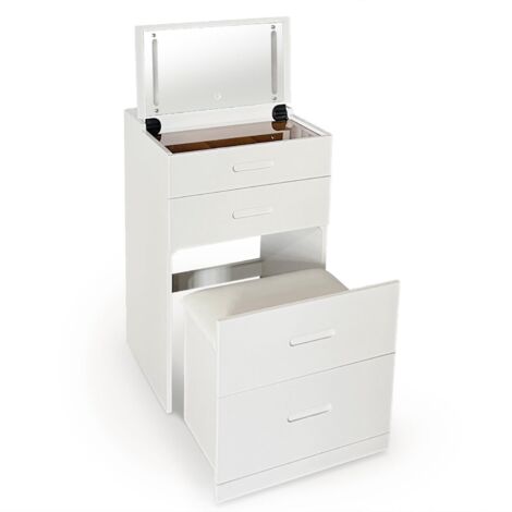 Coiffeuse compacte 48cm avec miroir LED – Tiroir compartimenté pour accessoires – Pouf intégré pour gain de place – Bois blanc