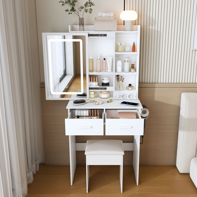 Coiffeuse compacte 60×36×136 cm, miroir LED réglable, 2 tiroirs + étagères, prises USB & secteur, tabouret rembourré, MDF blanc