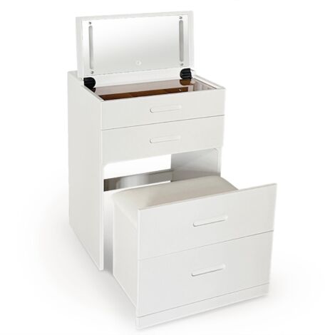 Coiffeuse compacte 60cm avec miroir LED, tiroir et pouf intégré Germina XL Blanc