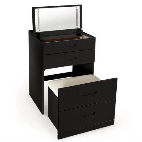 Coiffeuse compacte 60cm avec miroir LED, tiroir et pouf intégré Germina XL Noir
