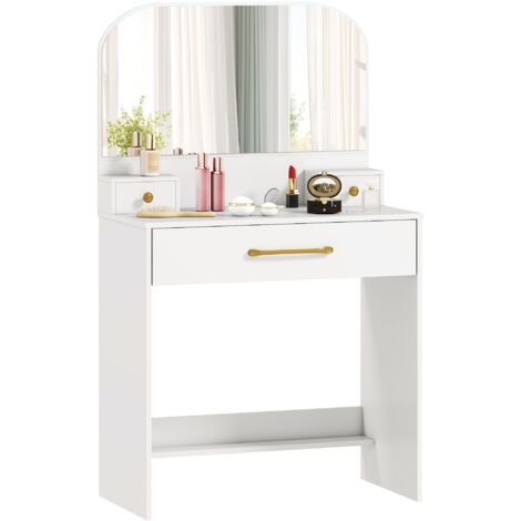 Coiffeuse compacte avec miroir et 3 tiroirs, table maquillage gain de place moderne, blanche