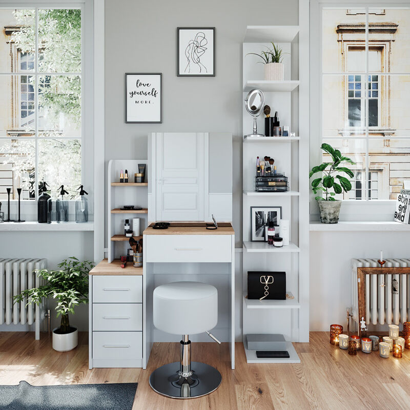 Vicco - Coiffeuse Conrada, Blanc/Sonoma, 80 cm avec tabouret