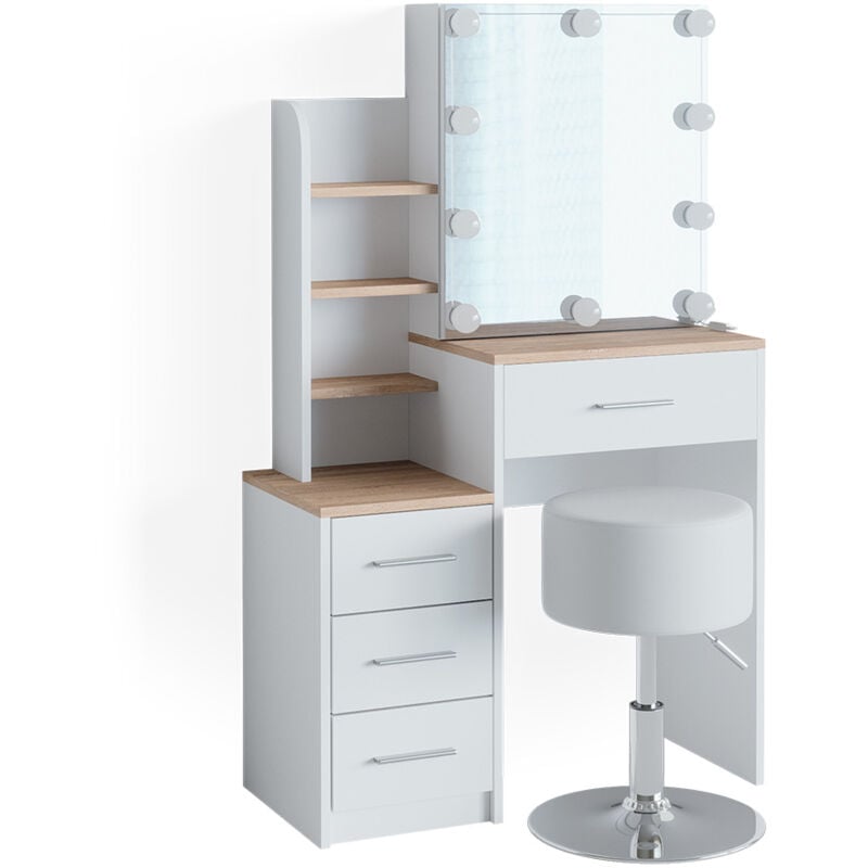 Vicco - Coiffeuse Conrada, Blanc/Sonoma, 80 cm avec éclairage led et tabouret