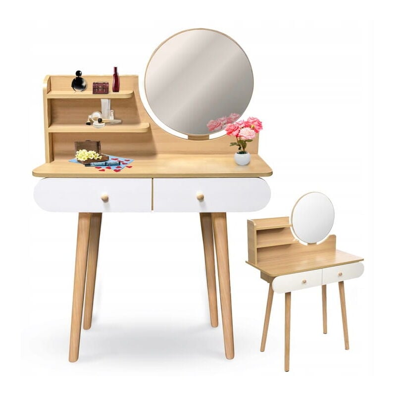 Coiffeuse cosmétique avec miroir - SCANDI blanc / hêtre