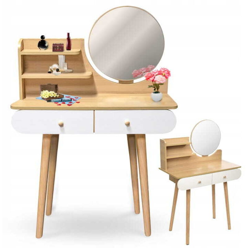 Coiffeuse cosmétique avec miroir - SCANDI blanc / hêtre
