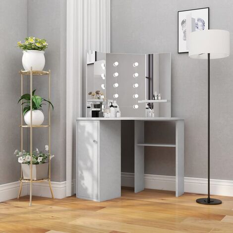 Coiffeuse d'angle avec LED Table console - Meuble de chambre Gris béton 111x54x141,5 cm BV894648 - BonneVie