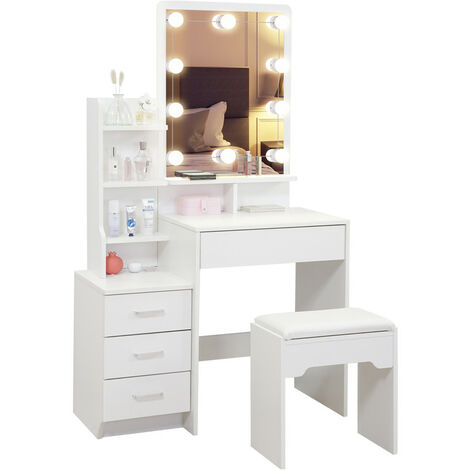 Coiffeuse d'angle avec miroir et tabouret et lumières - Ensemble de table de maquillage avec tiroirs, 1 miroir, étagères et tabouret, meubles de chambre à coucher