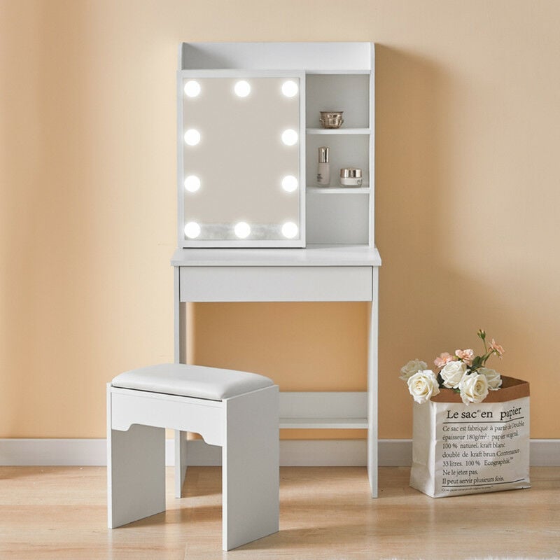 Coiffeuse d'angle led blanche avec tiroirs, 1 miroir coulissant, étagères et tabouret, meubles de chambre à coucher