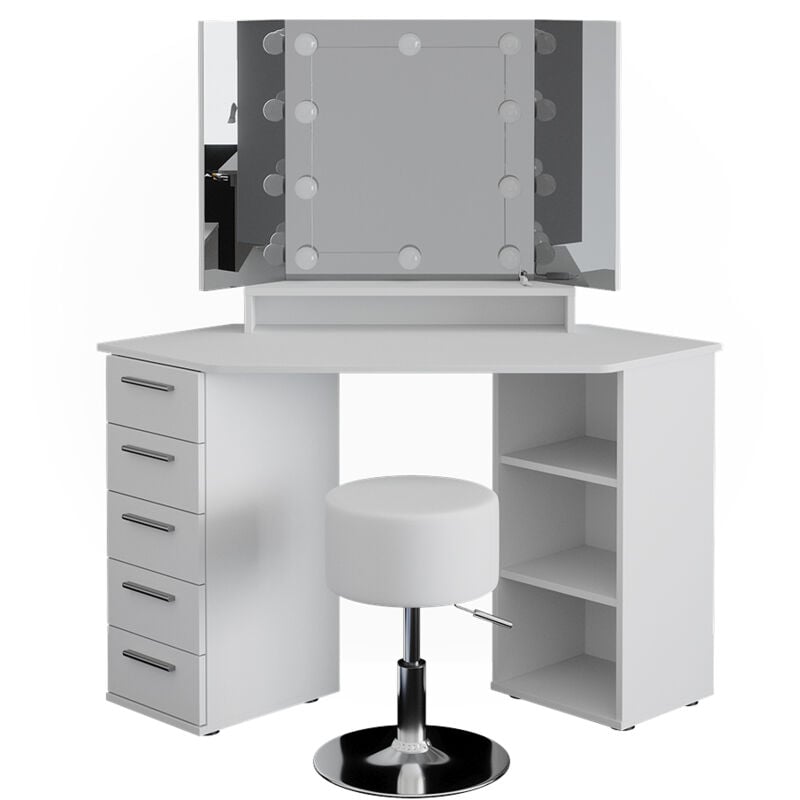 Vicco - Coiffeuse Sofia, Blanc, 128.4 cm avec éclairage led et tabouret