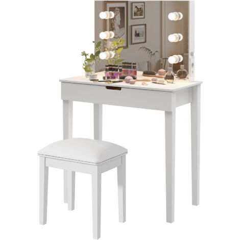 Coiffeuse de maquillage avec miroir, avec 6 ampoules, blanc