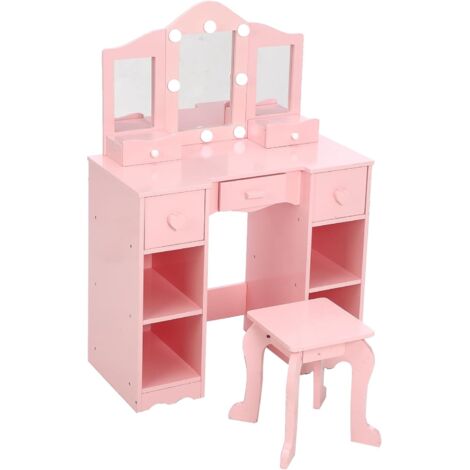 Coiffeuse de Princesse 2-en-1 avec Miroir Triple Pliable - Tabouret et Tiroir Inclus - Idéal pour le Jeu de Maquillage-Rose