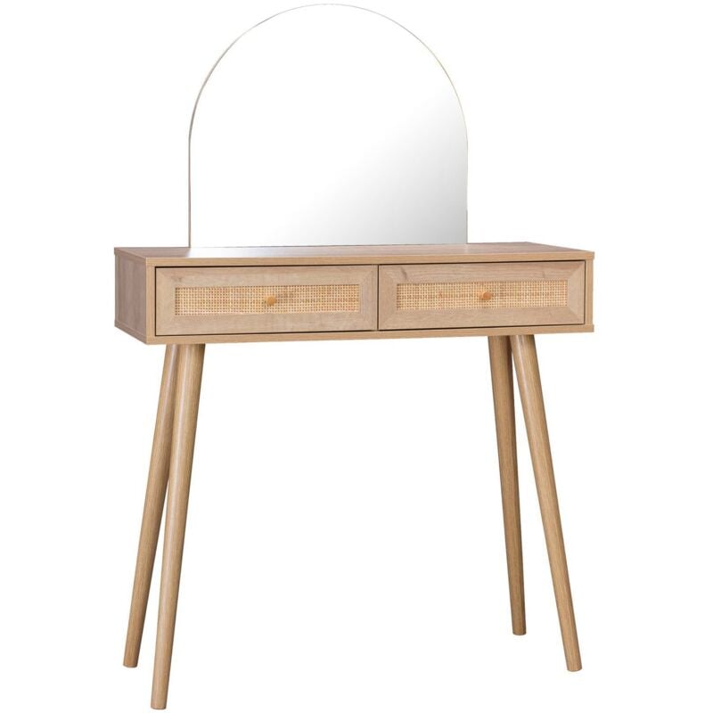 Sweeek - Coiffeuse Bohème avec miroir arrondi et 2 tiroirs cannage. coloris naturel. style Scandinave. l 90 x p 35 x h 135.5 cm