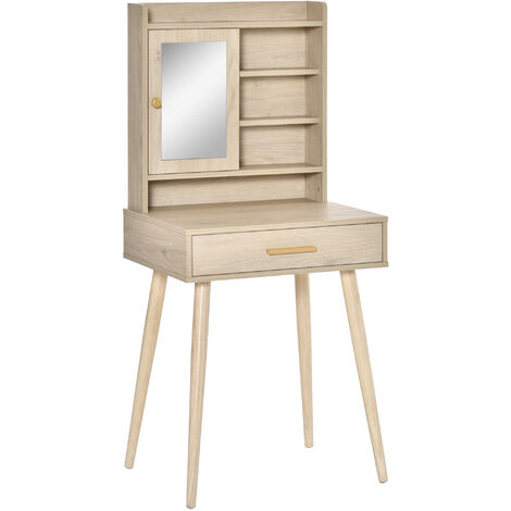Coiffeuse design scandinave avec miroir - table de maquillage - grand tiroir, 4 étagères, placard porte avec étagère - piètement hévéa panneaux particules aspect chêne clair