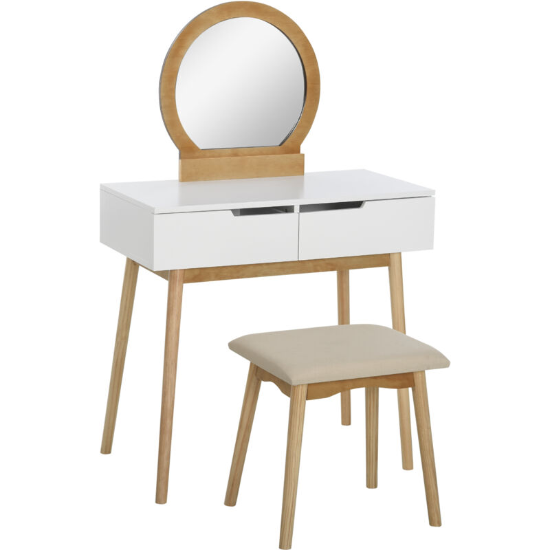 Coiffeuse design scandinave table de maquillage avec miroir, 2 tiroirs et tabouret blanc pin clair