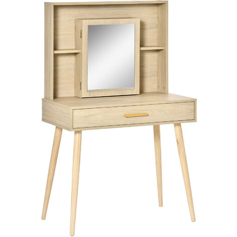 Coiffeuse design scandinave - table de maquillage - grand tiroir, 3 étagères, 2 niches, placard porte miroir - piètement hévéa panneaux particules aspect chêne clair - Beige