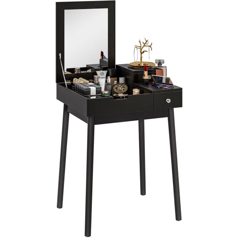 Homcom - Coiffeuse design scandinave table de maquillage multi-rangements miroir pliable 60L x 50l x 86H cm pin et mdf noir