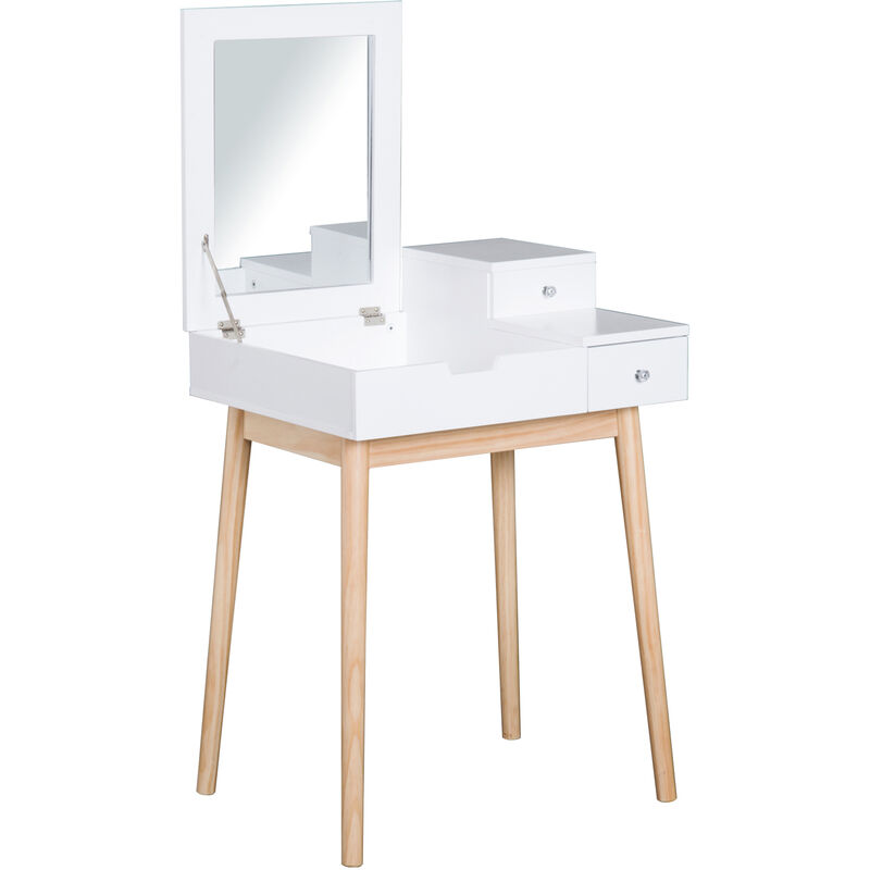 Homcom - Coiffeuse design scandinave table de maquillage multi-rangements miroir pliable 60L x 50l x 86H cm pin et mdf blanc - Blanc