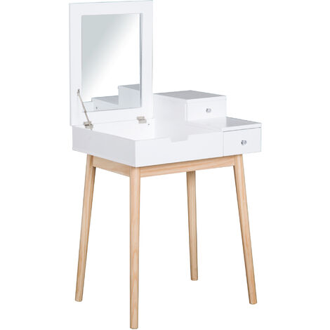 Coiffeuse design scandinave table de maquillage multi-rangements miroir pliable 60L x 50l x 86H cm pin et MDF blanc - Blanc