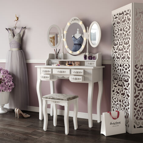 Coiffeuse Diana, Blanc, 90 cm avec éclairage et tabouret, Vicco