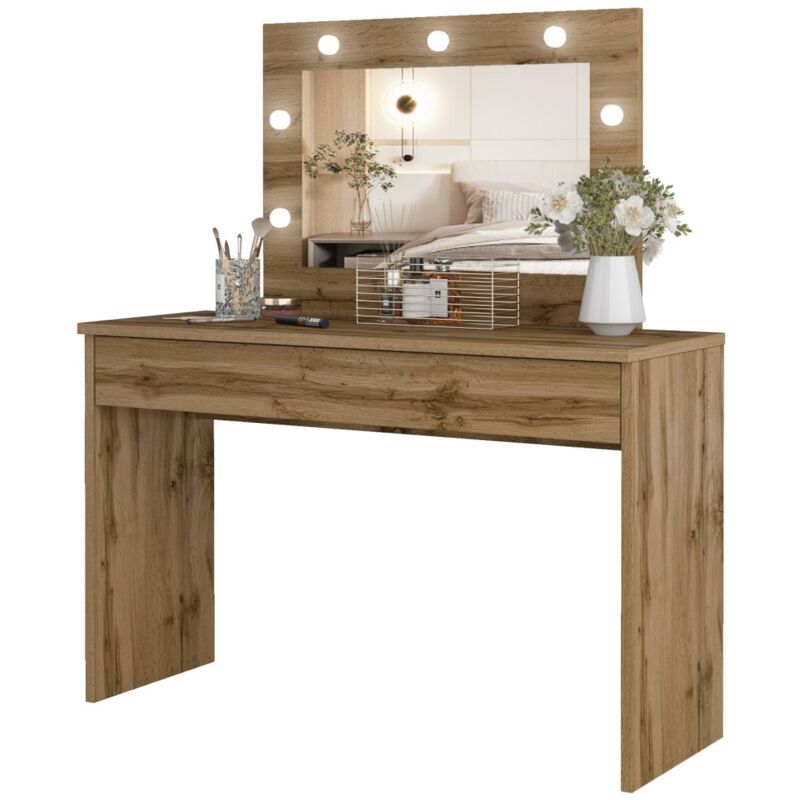 Meublorama - Coiffeuse diva chêne – Avec miroir, tiroir et led – Élégance naturelle et fonctionnalité