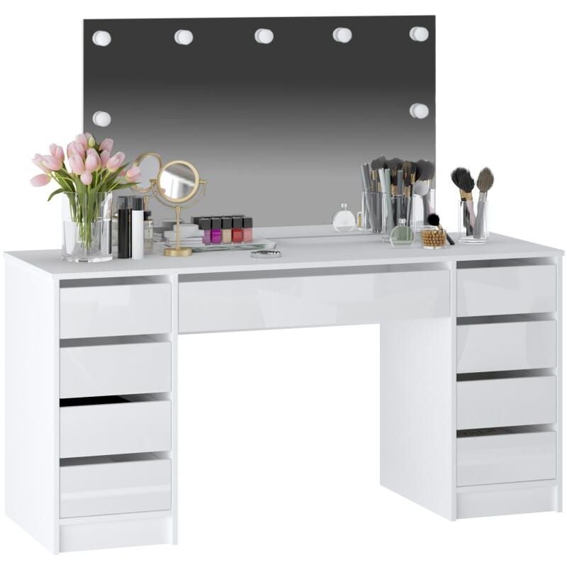Coiffeuse double avec miroir à LEDs - 9 tiroirs - Blanc brillant - JENEMI