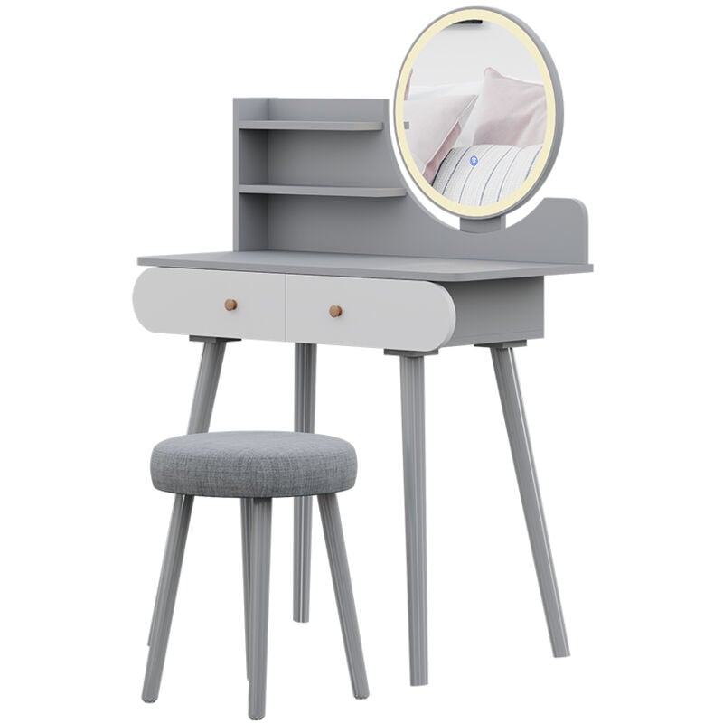 Vicco - Coiffeuse Edda, Gris, 80 cm avec éclairage led et tabouret