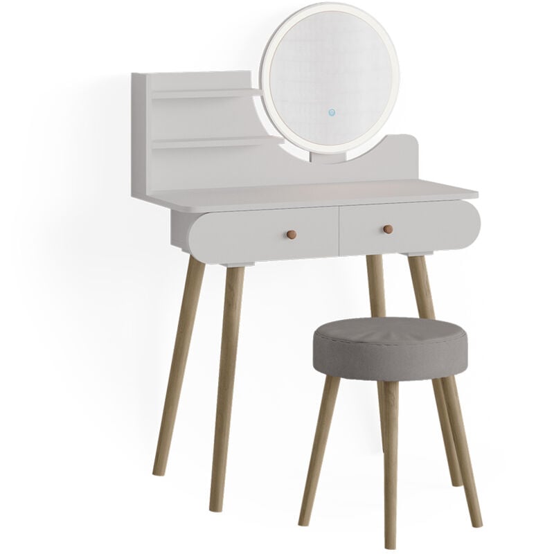 Vicco - Coiffeuse Edda, Blanc, 80 cm avec éclairage led et tabouret