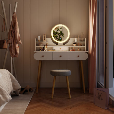 Coiffeuse Edda, Blanc, 100 cm avec miroir LED et tabouret, Vicco