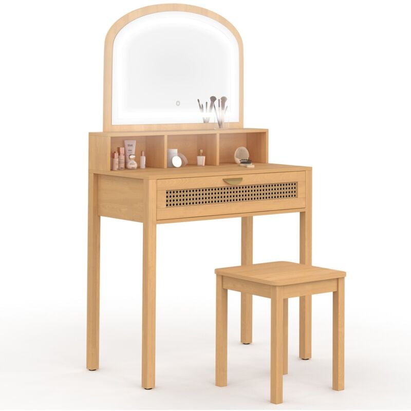 Coiffeuse edhen avec miroir led, 1 tiroir, 3 niches et tabouret cannage et bois