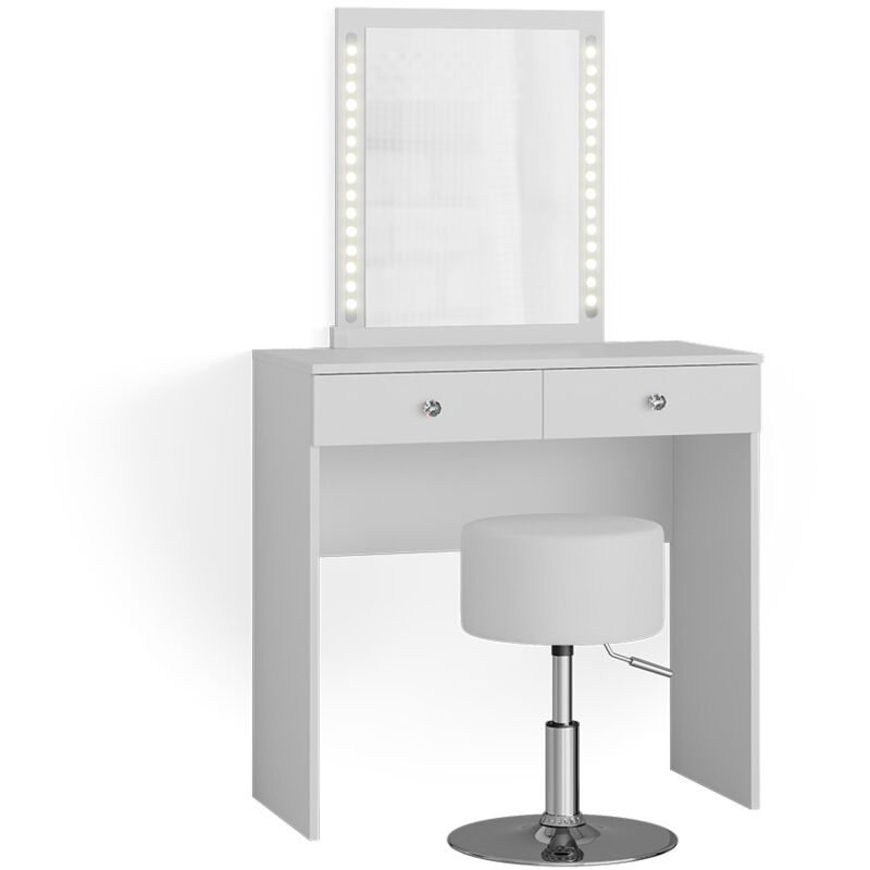 Coiffeuse Elara, Blanc, 80 cm avec éclairage LED et tabouret, Vicco