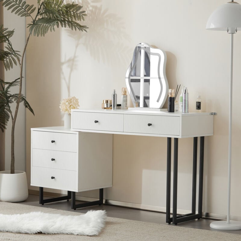 Coiffeuse élégant avec miroir led Réglable - Plateau de table extensible - 5 Tiroirs - Pieds en métal noir - 100 x 40 x 76 cm - Blanc