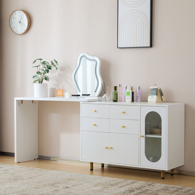 Coiffeuse élégant avec miroir led Réglable,Plateau de table extensible,4 Tiroirs+3 Étagères+3 Portes,Armoire Réglable,100x40x74.5cm,Blanc