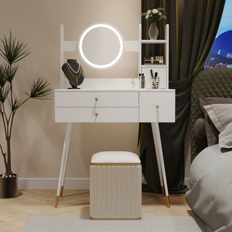 Neche - Coiffeuse élégante avec Miroir led Éclairage Réglable,2 Tiroir avec Compartiments Rangement + 1 Petit Tiroir,Pieds en métal plaqué