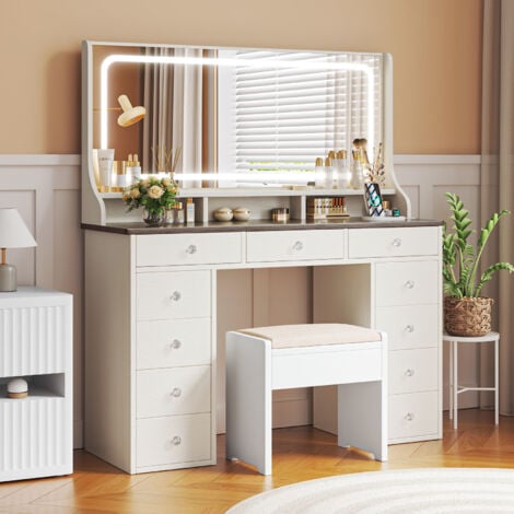 NECHE Coiffeuse Élégante avec station de charge,Table de Maquillage avec éclairage LED + Grand miroir + 11 Tiroirs,Blanc et Marron（Sans tabouret）